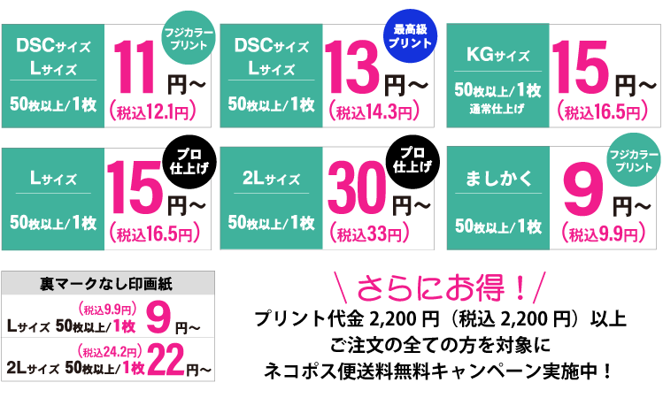 フジカラー純正印画紙デジカメプリントの料金表